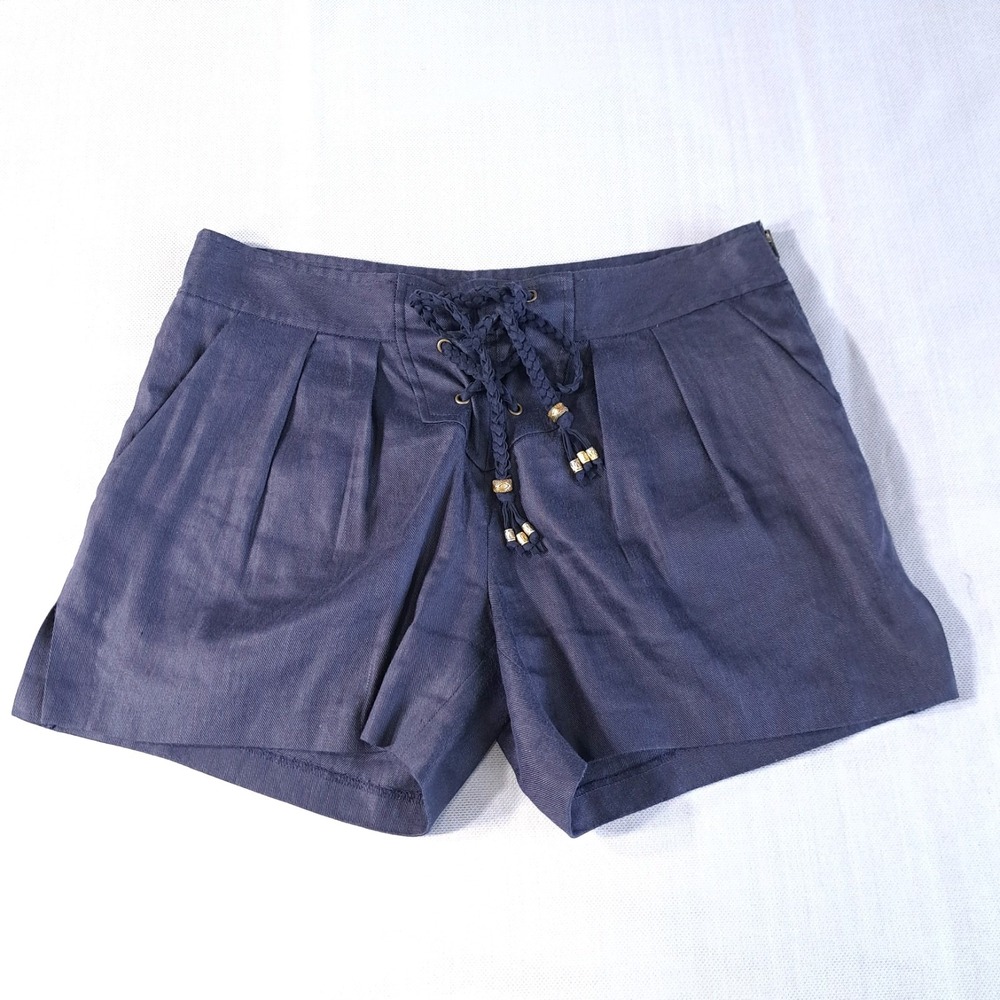 Diane Von Furstenberg Women's Shorts Blue Size 2‎ Linen Adjustable Waist Zip